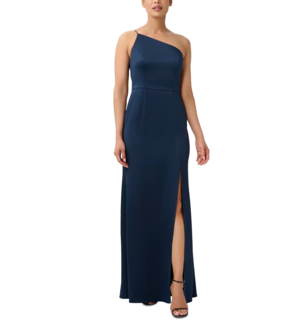 Adrianna Papell Blue Evening Gown Satin One Shoulder A-Line Formal Dress Size 10